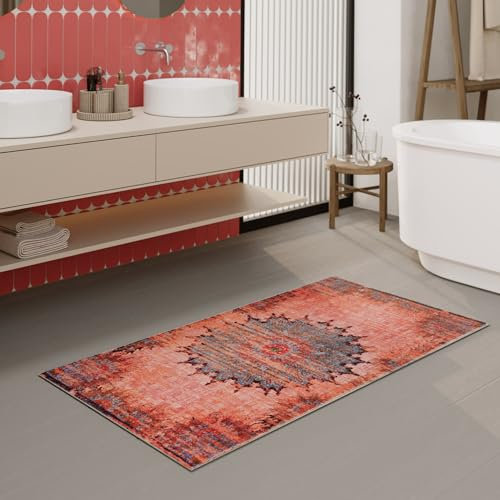Waschbarer und Rutschfester Vintage Badezimmerteppich von WECONhome mit orientalischem Muster - Eleganz und Komfort für jedes Bad - Healing (70 x 120 cm, rot)