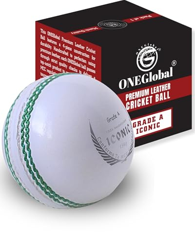 ONEGlobal Icónica pelota de críquet de cuero, 100 % cosida a mano, 156 g, construcción impermeable de 4 piezas, bolas de críquet duras de calidad a juego