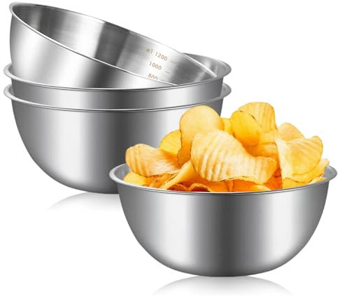 Ensaladera, 4 Piezas Cuencos De Acero Inoxidable, 1200ml Bol Acero Inoxidable, Bol Ensalada, Cuencos Cocina con Báscula para Mezclar Ensalada de Frutas, Arroz y Pasta