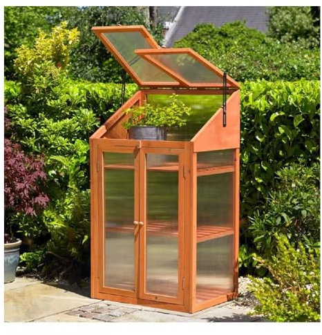 FAHD Traders Premium Wooden Mini Greenhouse – 3-Tier Cold Frame with Adjustable Roof, Lockable Doors & UV-Proof Polycarbonate Glazing (H120 x W69 x D51cm)