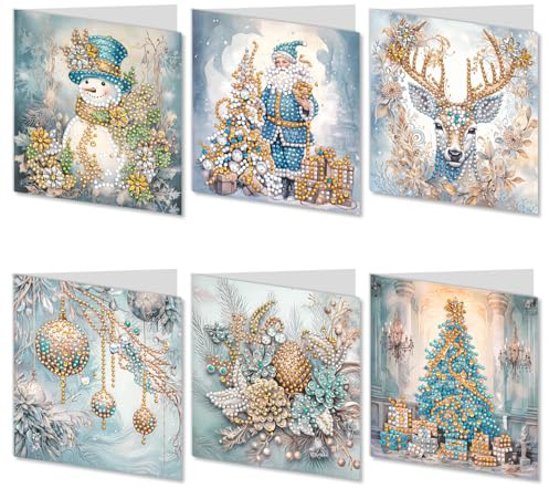 Kunoli 6pcs 5D Diamond Painting Christmas Greeting Cards for Adults, DIY Diamond Art Kits for Family Friends Christmas Xmas Birthday Gift (White)