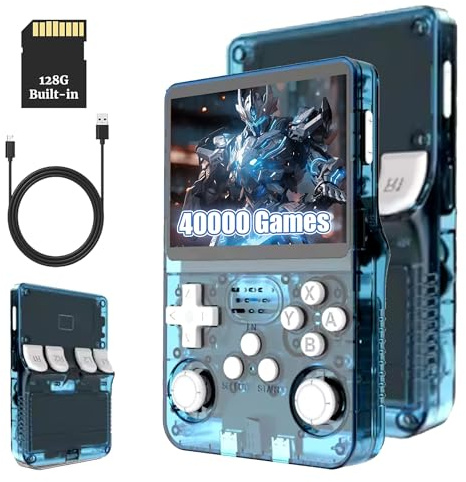 KINMRIS R36S Console de jeu portable rétro, avec écran IPS de 3,5, 128 Go plus de 40 000 jeux, console de jeu portable pour enfants et adultes, prend en charge plusieurs émulateurs (blanc bleu)