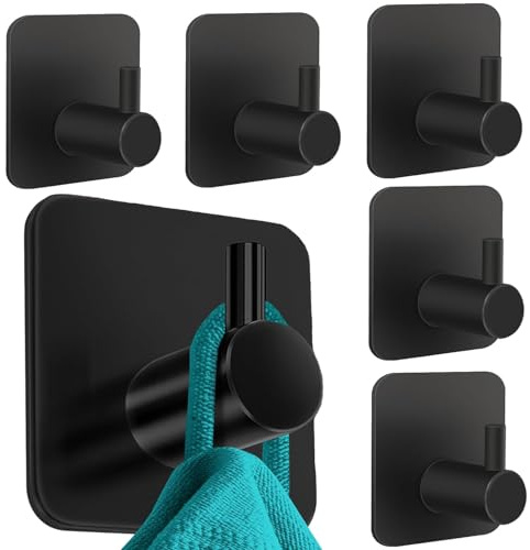 6-Pack Black Self-Adhesive Hooks, Home Heavy Duty DIY Wall Mounted Hook Stainless Steel Sturdy Waterproof Super Sticky Practical Towel Robe Coat Hooks for Living Room Kitchen Bathroom Bedroom
