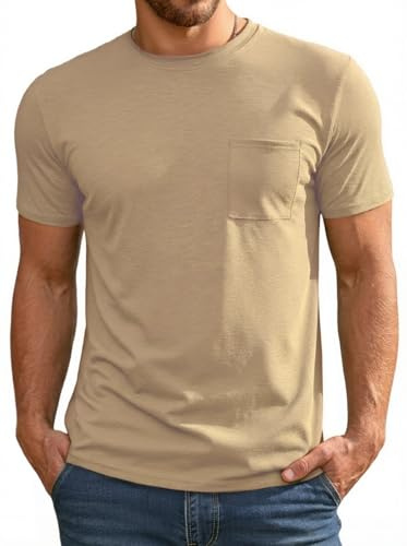 Runcati T-shirt d'été à manches courtes pour homme - Col rond - Coupe droite - Uni - Basique - Décontracté - Gym - Sport - Avec poche de poitrine