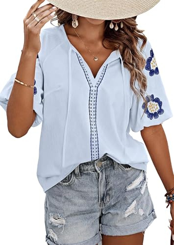 CXMSYY Womens Summer Blouses Floral Embroidered Puff Short Sleeve Shirts V Neck Boho Tunic Casual Blouse