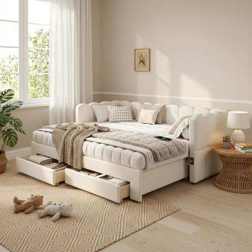 Upholstered Daybed with Pull out Trundle Bed&2 Drawers&USB Charging, 3ft Single Functional Bed Frame with Slats, Linen Storage Bed Sofa Beds Guest Beds for Living Room&Bedroom, No Mattress, Beige