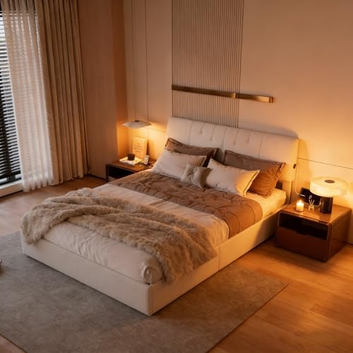 Lit Coffre 140x190 avec Sommier, Lit Rembourré en Teddy Velours Doux, Tête de Lit Réglable avec Chargement USB/Type-C, Grand Espace de Rangement, Design Moderne, Beige Crème