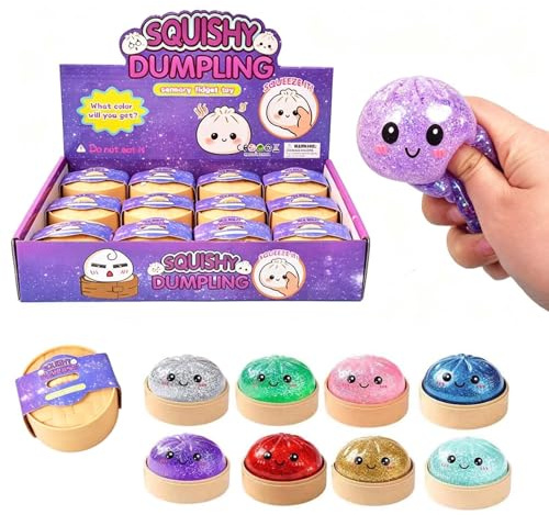 12 Pezzi Squishy Ravioli Glitter, Giocattolo Antistress Morbido a Forma di Raviolo Bao con Contenitore per Cottura a Vapore in Plastica, Giochi Sensoriali da Spremere per Bambini, Adulti (#B)