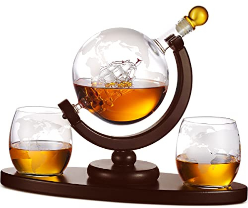 Gifts for Men, Whiskey Decanter Globe Set with 2 Etched Whiskey Glasses - for Liquor Scotch Bourbon Vodka, Gifts For Dad - 850ml
