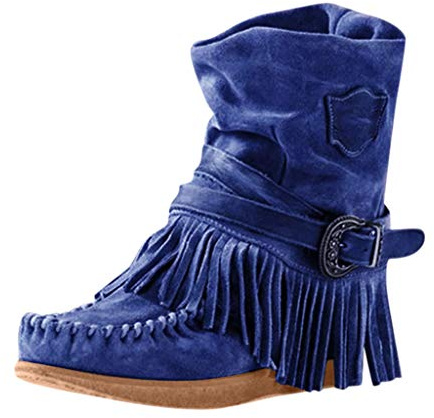 Xmiral Stivali Stivaletti Donna Scarpe da Donna Stivaletti con Frange da Donna Stivaletti Bassi Stile retrò Romano Tinta Unita con Nappine (38,blu)