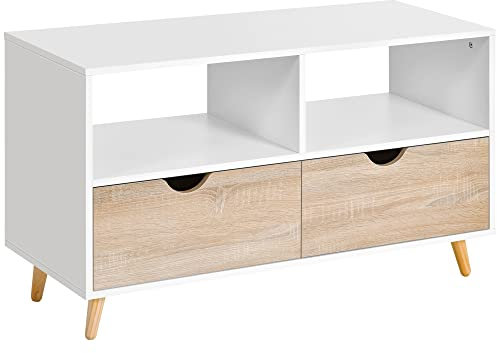 HOMCOM Meuble TV Bas sur Pieds Style scandinave 2 tiroirs Coloris chêne Clair Blanc