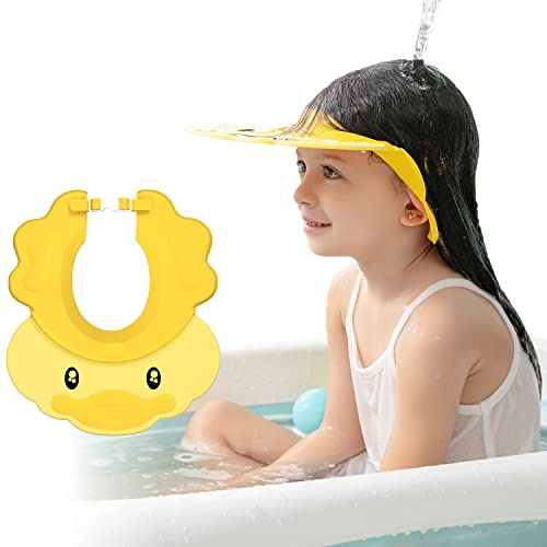 Giallo Doccia Cap per Bambino, Sicurezza Cappello da Bathing, cappello con visore regolabile morbido per neonati e bambini, Proteggi occhi, bocca, orecchie(per 0.5-12 anni di età)