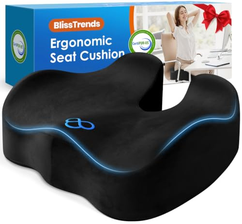 BlissTrends Seat Cushion,Thick Memory Foam Cushions for Office Chair, Car Seat, Airplane, Relieving Pressure Tailbone Sciatica Back Pain for Long Sitting Office Workers, Car Drivers 4.7in Thick Black