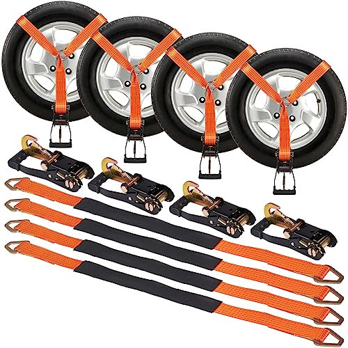 VEVOR Unterlegkeil-Spanngurt-Set, 5,08 x 243,84 cm Spanngurte Autotransport, 4-teiliges Anhänger-Spannsystem 5000 kg Bruchlastkeit, ATVs, UTVs, Anhänger, Unterlegkeil und Spanngurt-Zubehör Orange