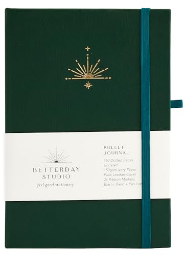 Betterday Studio - Bullet Journal non datato - 160 pagine punteggiate con copertina in ecopelle, 2 x nastro segnalibro per segnalibri, diario con passante per penna, diario per scrivere - verde pino