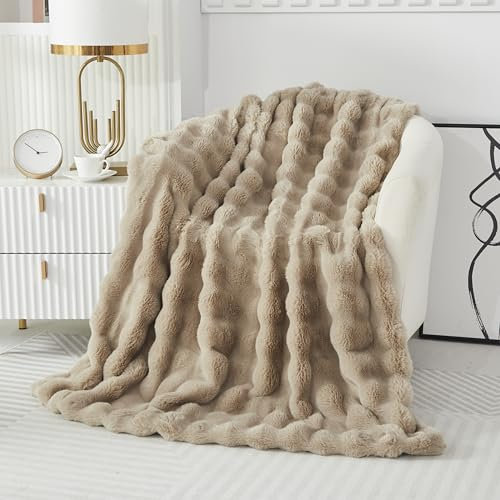 Kuscheldecke Kaninchen Plüsch Flauschige Decke Soft Wohndecke Dick 1000GSM Flanell Decke Couchdecke Warme Überwurfdecke Sofadecke Vielseitig Blanket Für Bett Sofa Schlafzimmer Büro Khaki 160x200cm