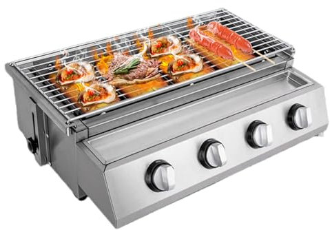 WSIKGHU Barbacoa de gas 4 quemadores LPG Gas Barbacoa Barbacoa Barbacoa sin humo Acero Inoxidable Cocina Lateral Mesa Barbacoa Barbacoa Barbacoa para Terraza y Jardín, para Asar Pollo y Kebabs, 58 x