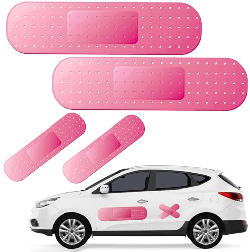 4pcs Funny Car Bandage Aid Sticker for Cars Damage, 10/24in Giant Car Decals for Cover Dent Crack and Scratch, Cars Bumper Sticker, Large Vehicle Body Bandage (Pink 2pcs Large and 2pcs Small Size)