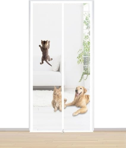 Cat Door Screen, Reinforced Door Fly Screen Curtain, Fly Insect Screen Door with Zipper, Prevent Pets from Running Out, Cat Resistant Mesh Screen for Living Room, Bedroom, Patio (White, 90x200CM)