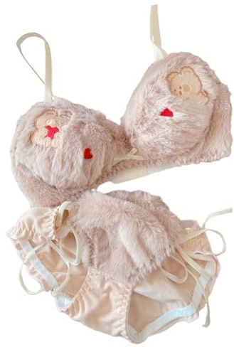 ROYJJ Lot de 2 soutiens-gorge en peluche et culotte à nouer sur le côté pour femme - Imprimé ours de dessin animé - Sous-vêtements en fourrure sans fil - Pour cosplay - Lingerie en laine - Petit