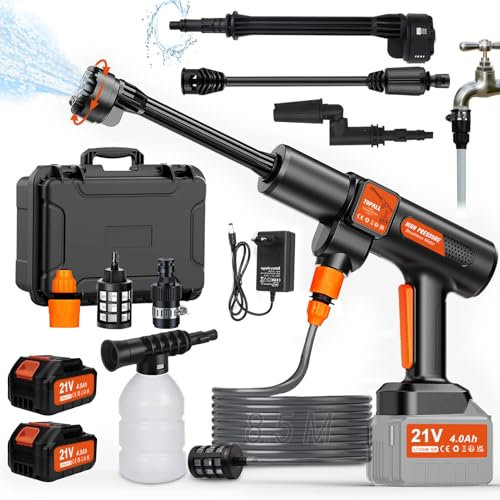 TOPALL Hidrolimpiadora Bateria Portatil,Press & Clean Pistola Lavado,Máximo 45Bar/652PSI, Pistola de Agua a Presión con Batería de 2 * 4.0Ah | Manguera de 8.5M | 6 en 1 Boquilla | Giratoria Boquilla