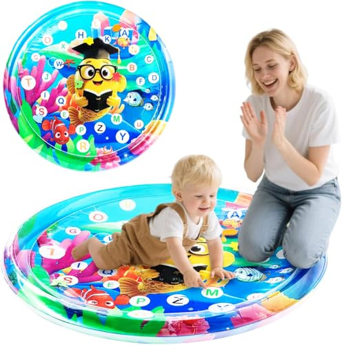 Babyvattenmatta – uppblåsbar för Tummy Time med alfabetsbokstäver, för sensoriskt lärande och motorik, säker för spädbarn och husdjur, havsdesign