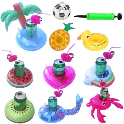 Lot de 10 porte-boissons flottants pour piscine - Plateau flottant avec joli design - Accessoire gonflable au bord de la piscine pour plage, lac, natation, spa, extérieur