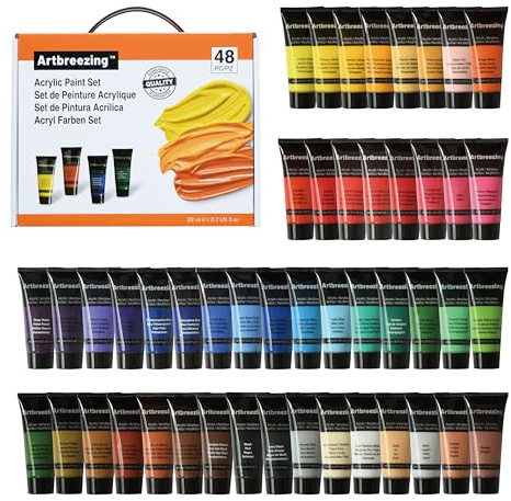 Artbreezing Coffret Peinture Acrylique 48 Couleurs, Fournitures Pro Artiste | 22ml, Pour Toile, Argile, Papier. Haute Qualité, Idéal pour Offrir aux Artistes et Débutants