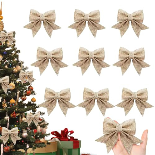 10 Piezas Decoracion de Arbol Navidad Lazos, Lazo de Cinta de Árbol de Navidad, Lazos para Árbol de Navidad Dorados, Adornos Colgantes lazos Navideños, para días Festivos, Cumpleaños, Bodas