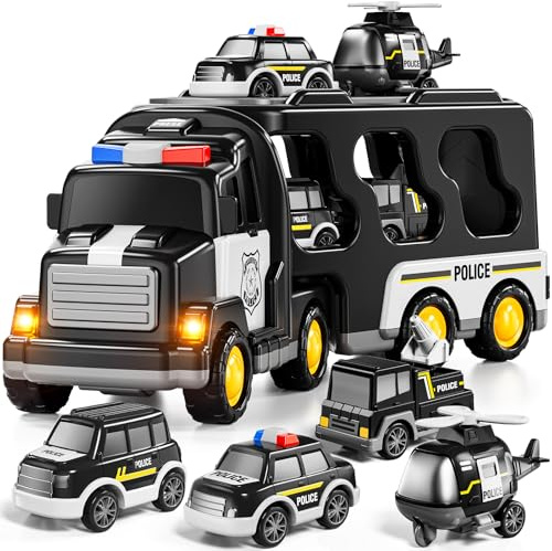 JUKUDAHU Police Truck Toy for 3 4 5 6 Years Old Boys - Carrier Vehicle Toy Set with 3 Small Cars and 1 Helicopter, Kids Firction Powered Car for Age 3-9, Gifts for Boys and Girls