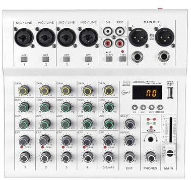 Plyisty Scenföreställningar 6-kanals Miniljudmixer med MP3 BT-spelare Inbyggd Gitarrförstärkare Bärbar Studioinspelningskonsol, Kompakt Design för små Evenemang (Vit)