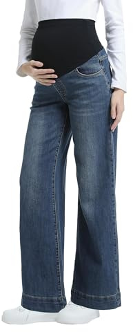 Gowjog Jeans premaman da donna con gamba larga sopra la pancia, jeans premaman jeans da gravidanza con tasche, blu vintage, M