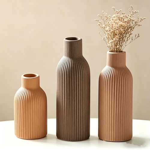 Set de 3 Vases en Céramique, vases à Fleurs pour décoration, Style Moderne bohème, pour la décoration de la Maison et Les centres de Table, Salon, entrée, Manteau de cheminée (Ensemble café Mix 3)