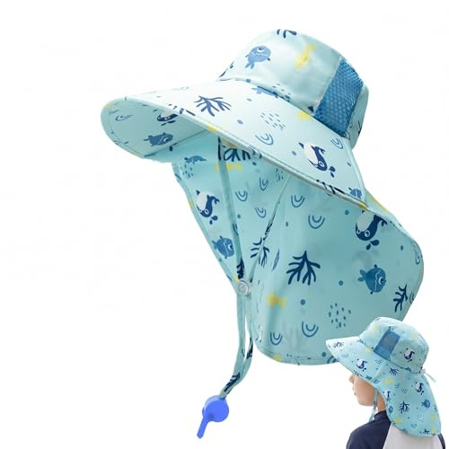 Cappello Cotone Bambino, Cappello Bambino Sole in Cotone, Cappello a Secchiello Estivo per Mare e Spiaggia con Protezione Solare UPF 50+, Regolabile, Circonferenza 46-50cm, Blu Cielo