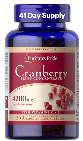 Puritan's Pride Premium Cranberry Fruit Concentrate 84 mg (4200 mg equivalent) with Vitamins C and E, Dietary Supplement for Immune System Support, 4 Month Supply, 250 Rapid Release Softgels