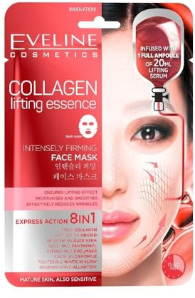 Eveline Cosmetics Collagen Essence Lifting Sheet Maske 8-in-1 Koreanische Formel mit Kollagen, Orchidee, Gurke, Kamille & Aloe - 20ml Revitalisierendes Serum für reife & empfindliche Haut