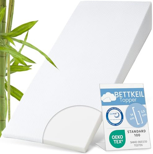 ELONEO Bettkeil Topper 80 x 190 cm aus Komfortschaum, Matratzen-Keilkissen zur Bettneigung, Keilmatratze, Keilförmige-Matratzenauflage, Erhöhungskeil, Bezug waschbar