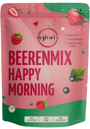 myfruits® Bärblandning – Happy Morning – 300 g – blandning av frystorkade frukter – utan tillsats av socker – jordgubbsskivor, hallon, svarta vinbär