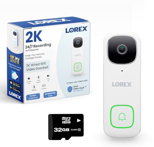 Lorex 2K Wired WiFi Smart Video Doorbell Camera w/No Subscription Fee - Smart Security Lighting, Night Vision, Motion Detection, Requires Existing Wiring (White)