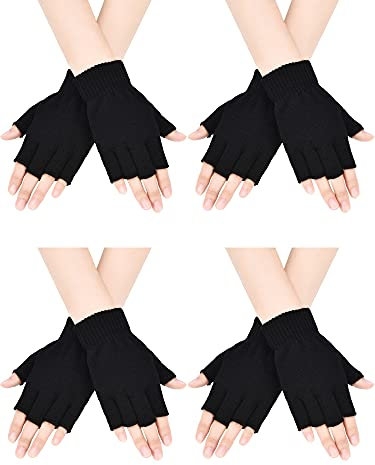 Bememo Fingerlose Handschuhe, Halbfinger-Handschuhe, Winter, einfarbig, gestrickt, für Jungen und Mädchen, 4 Paar, Schwarz, 5.5 x 3.9 inches