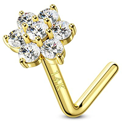 CM Crareesi Mania 14K Real Gold Nose Rings 20G Piercing Jewelry Flower Studs L-Shaped Solid Yellow Gold Nose Rings for Women