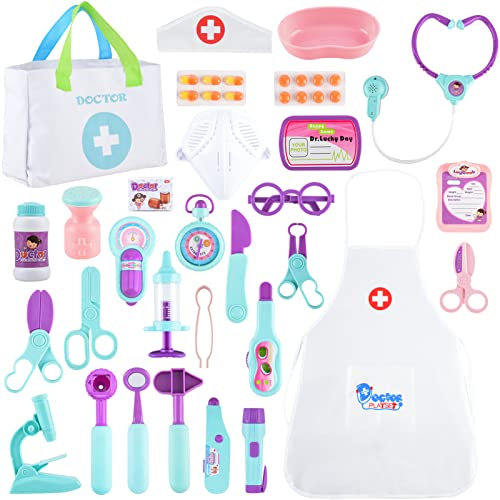 FRIUSATE Doctors Set for Kids, Doctors Kit Toy Playset with Doctor Bag,Stethoscope,Organ Apron Doctor Roleplay,Pretend Role Play Carry Case Toys Gifts for 3 4 5 6 Years Old Toddlers