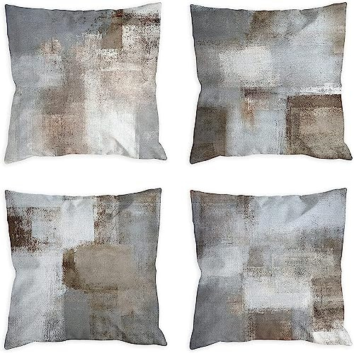 QUALKNOY Velvet Cushion Covers 45x45 cm Set of 4, Abstract Art Modern Decorative Grey Throw Pillow Cases 18x18 inches for Living Room Sofa Garden Outdoor Courtyard Decor Pillowcases
