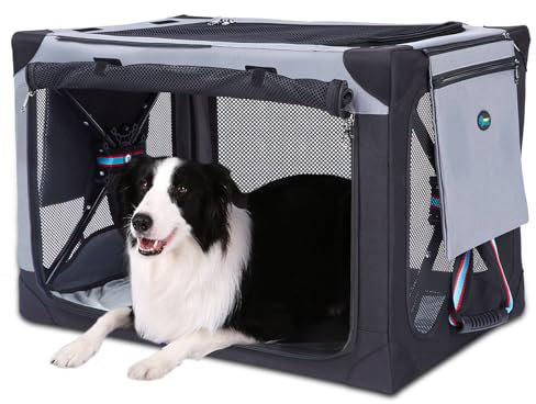 Ownpets Soft Dog Crate, 81x58x58cm Pet Travel Crate with 3 Door, Waterproof Soft Fabric, with Dog Mat, Attachable Storage Bag for Large Dogs, Indoor & Outdoor Use,Large