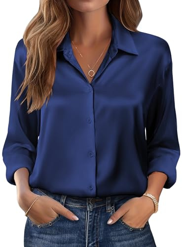 Zeagoo Satin Blouses for Women UK Long Sleeve Shirts Button Down Blouse | Women's Satin Shirt, Casual Loose Blouse, Office Work Tops, Elegant Tops for Ladies