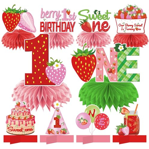 10 Stück Erdbeere Sweet One Geburtstag Dekorationen Wabenaufsätze für Baby Mädchen, Beere erster Geburtstag Tischdekoration Partyzubehör, Erdbeer-Thema 1. Geburtstag Tischdekoration