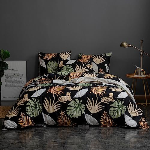 Nayoroom Bettwäsche Blätter 140x200 Grün Weiß Gelb Palmenblätter Muster auf Schwarz Bettbezug Microfaser Tropisch Deckbettbezug mit Reißverschluss and Kissenbezug 70 x 90 cm