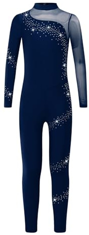 Sinleey Girls Kids Shiny Long Sleeve Gymnastics Dance Unitard Bodysuit One Piece Full Body Ballet Leotard Jumpsuit Navy Blue A 10 Years