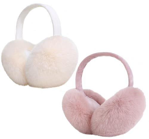 Alytimes 2Pcs Ear Muffs Women, Winter Warm Ear Muffs, Furry Foldable Fluffy Ears Muff, Outdoor Riding Ski Ear Covers, Soft and Comfortable Ears Muff to Protect from Wind and Cold (Pink, White)