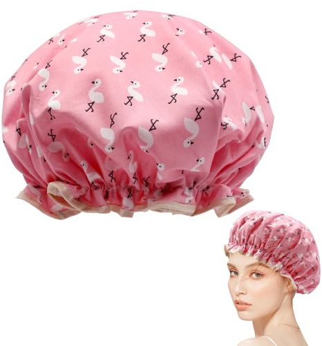 Shower Cap for Women, Elastic Band Waterproof Plastic Shower Cap, Double Layers Reusable With Ruffled Edge Covering Ears for Long, Short and Curly Hair (Pink Bird)